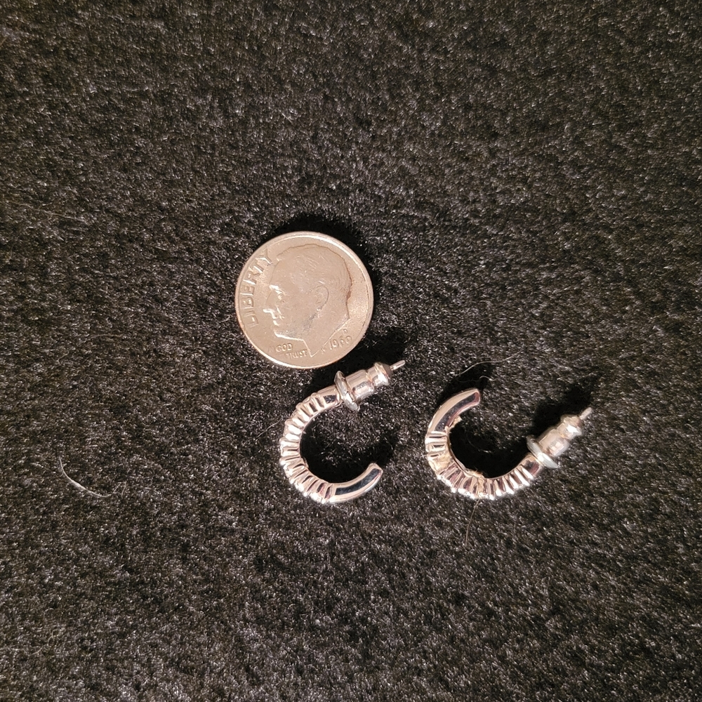 Silvertone Half Loop Earrings w/Clear Stones Pierced
